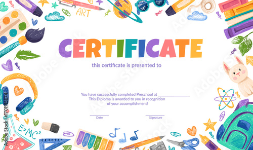 Colorful school and preschool diploma certificate for kids and children in kindergarten or primary grades with doodle elements, crayon scribbles, chalk on background. Vector cartoon flat illustration