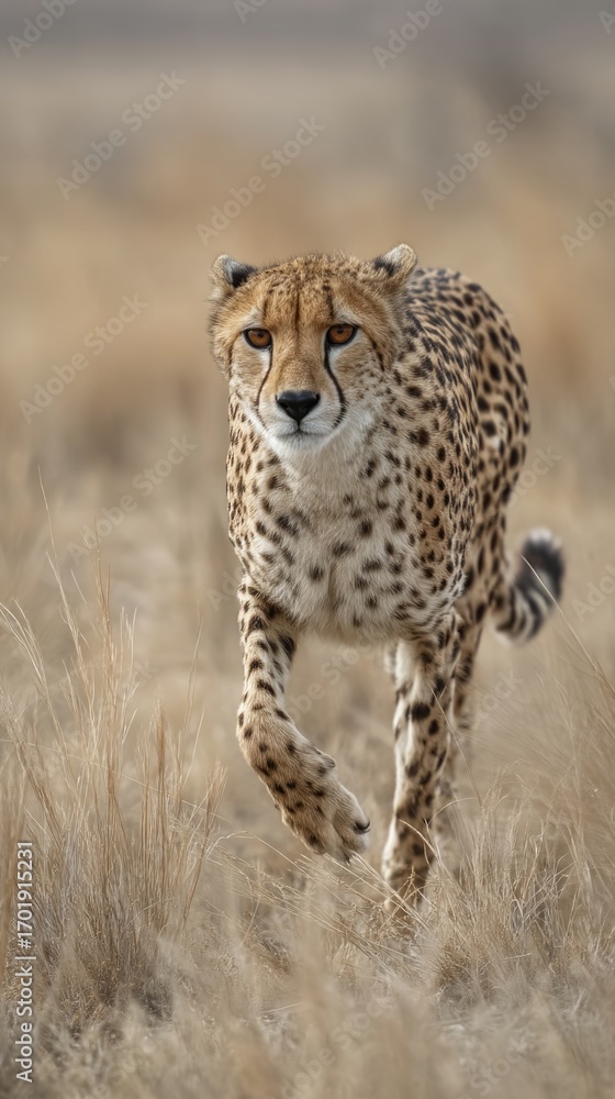 Naklejka premium Cheetah stalks prey in golden grasslands of Africa