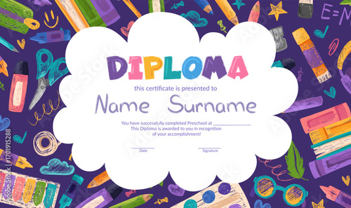 Colorful school and preschool diploma certificate for kids and children in kindergarten or primary grades with doodle elements, crayon scribbles, chalk on background. Vector cartoon flat illustration