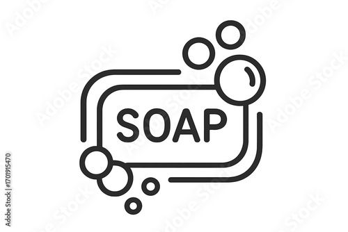 Soap bar and bubbles minimal line icon. Vector concept of hygiene, cleanliness, and washing hands. Simple symbol for bathroom, sanitation, skincare, and cosmetic products.