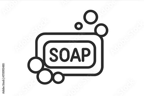 Soap bar outline icon with bubbles. Simple vector graphic for hygiene and cleanliness. Symbol for washing hands, sanitation, and personal care. Line art for bathroom products.
