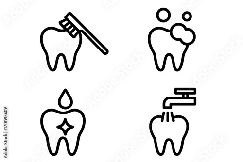 Dental care icon set for oral hygiene. Tooth brushing, cleaning with paste, whitening, rinsing. Dentistry concept. Minimalist thin line vector icons for web and apps.
