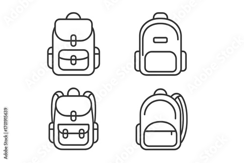 Backpack line icon set. Rucksack, school bag, travel luggage pictogram. Knapsack, haversack, bookbag outline symbol. Hiking, tourism, sport equipment vector illustration.