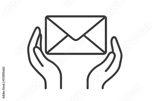 Hands holding envelope outline icon. Mail message symbol. Receive or send letter concept. Communication, contact, and correspondence graphic for web, apps, and adverts.