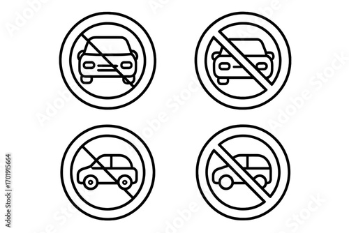 No cars allowed icon set. No parking prohibition symbol. Thin line traffic warning sign. Automobile not permitted vector illustration. Car forbidden round pictogram collection.