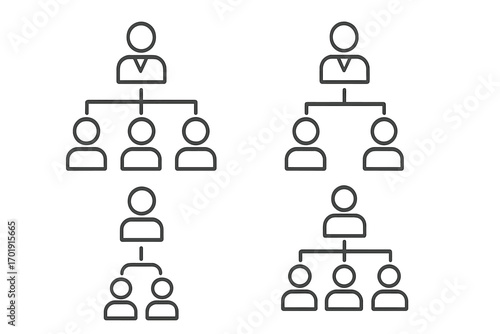 Set of business organization chart icons. Corporate hierarchy and team structure concept. Vector line art of management, leadership, employee network and workflow flowchart.