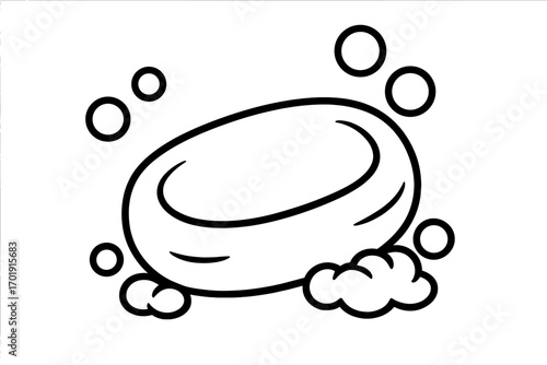 Soap bar with bubbles and foam vector line icon. Cleanliness, hygiene, and washing concept. Simple black and white cartoon illustration for bathroom, laundry, and skincare.