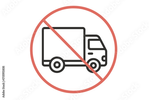 No trucks icon. Lorry prohibited road sign. No delivery service symbol. Freight transport forbidden. No entry for goods vehicles. Vector outline pictogram for web and app.