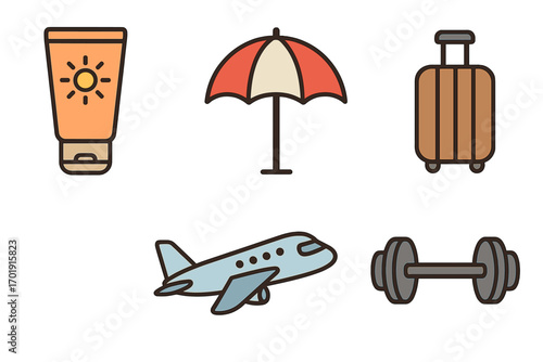 Travel and vacation flat icon set. Summer holiday essentials including airplane, luggage, sunscreen, beach umbrella and fitness dumbbell. Tourism and lifestyle vector symbols.