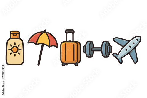 Travel vacation icon set for summer holiday. Vector outline symbols collection with plane, luggage, sunscreen, umbrella, dumbbell. Tourism, fitness, and beach concept icons.