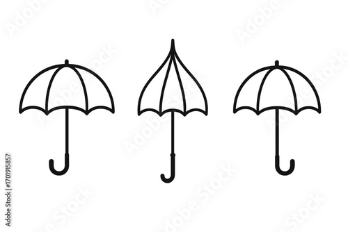 Umbrella and parasol line icon set. Vector illustration for graphic design. Open and closed bumbershoot symbol for weather and rain protection. Simple minimalist outline graphic.
