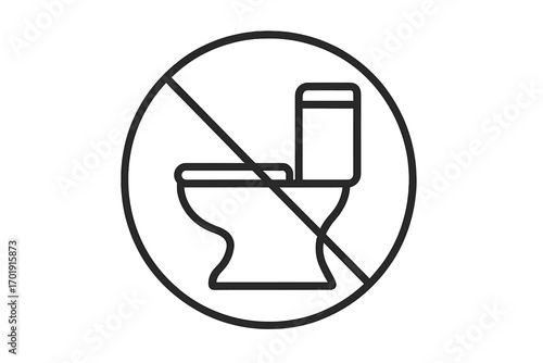 No toilet sign icon. Do not use toilet symbol. Public restroom prohibited or out of order. Warning information for lavatory. Vector line art illustration for web design.