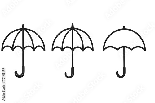 Umbrella icon set, simple line art collection. Weather symbol for rain, parasol sign for sun protection. Minimalist vector illustration for graphic design, web, app.