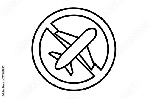 No flying sign icon. Travel ban symbol. Flights cancelled or grounded concept. Aerophobia, fear of flying metaphor. Prohibited airplane vector for web design, apps, warning.