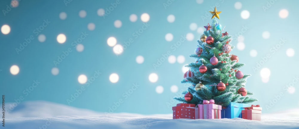 Obraz premium Christmas tree with gifts in winter setting decorated with lights and ornaments