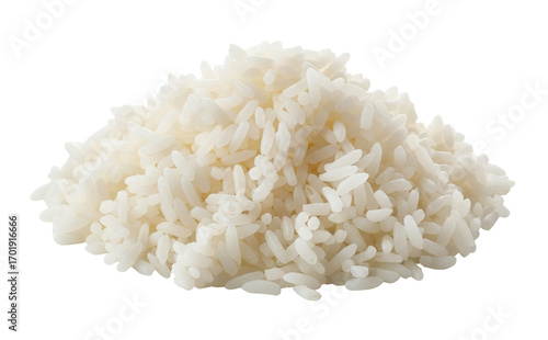 A small mound of cooked white rice is on a clean white surface. The simple boiled grain is a common and versatile food.