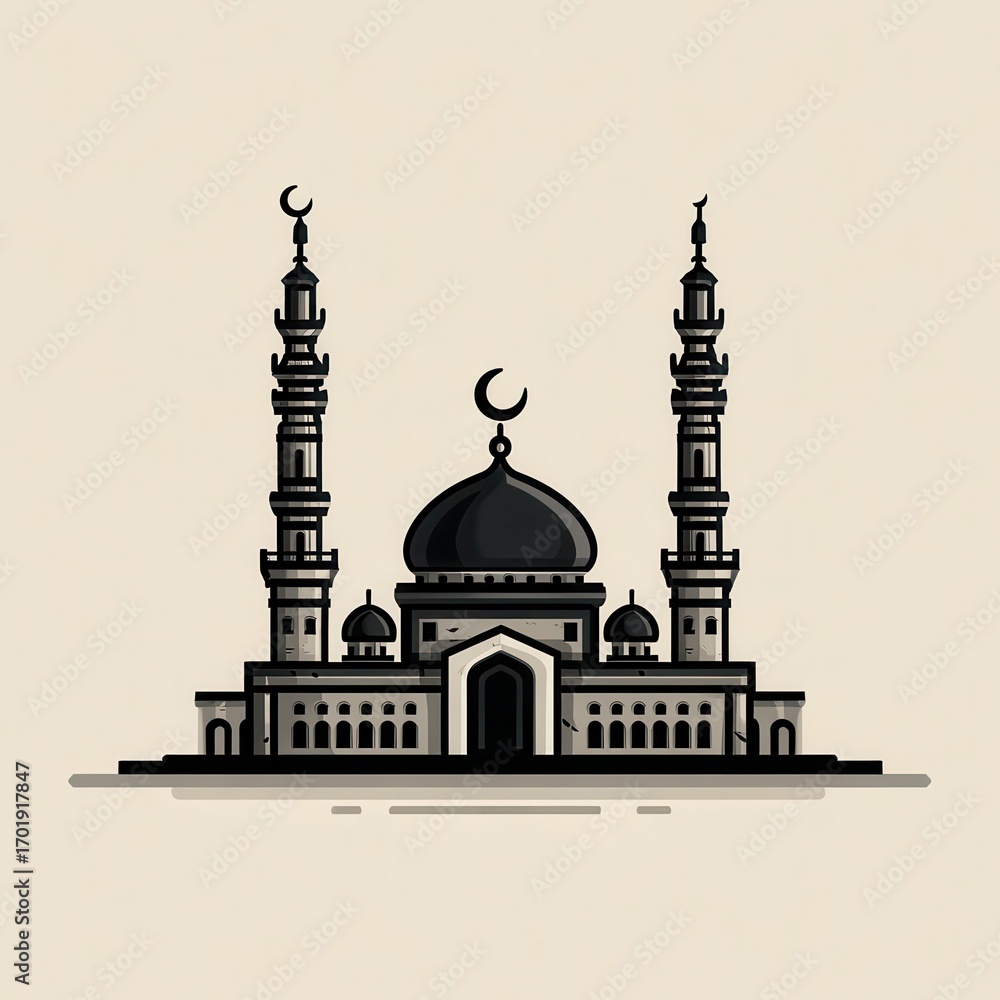 Fototapeta premium Stylized illustration of a mosque, featuring a central dome and two tall minarets, rendered in grayscale.