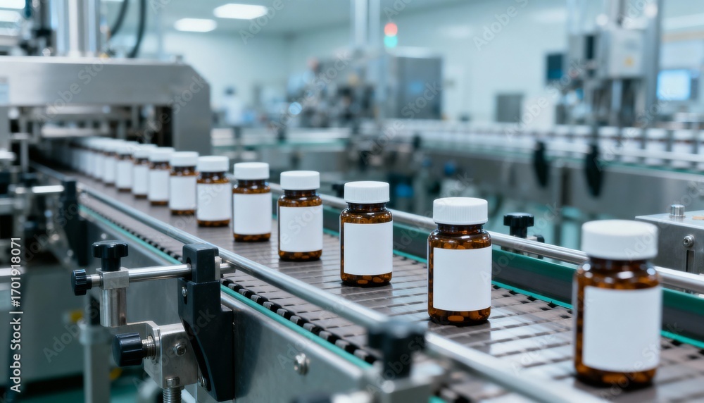 Obraz premium Pharmaceutical Manufacturing: Bottles on Conveyor Belt in a Modern Medicine Production Facility, Demonstrating Precision and Automation