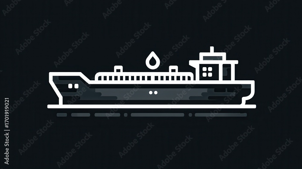 Obraz premium Simple illustration of an oil tanker ship, white outline against a dark background. Suitable for industrial or maritime themes.