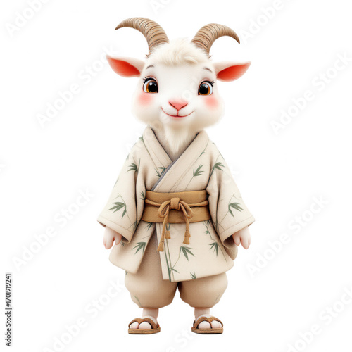 Cute cartoon goat in traditional Japanese kimono standing upright.