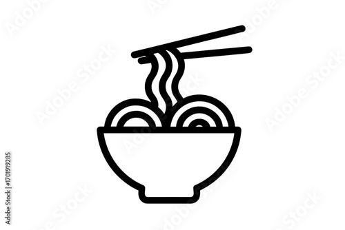 Modern outline icon of Asian noodle bowl with chopsticks, minimalist vector illustration for food design, restaurant menu, apps, web, social media, branding, isolated transparent background