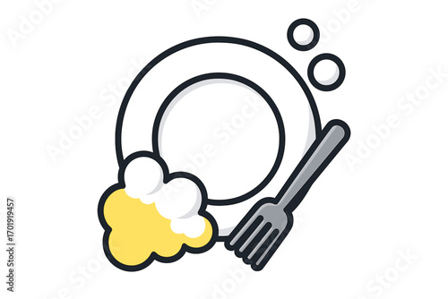 Cartoon clean plate and fork icon for dishwashing, hygiene, home chores, kitchenware, web sites, apps, books, cards, bright bubbles, washing foam, cleanliness, isolated vector illustration