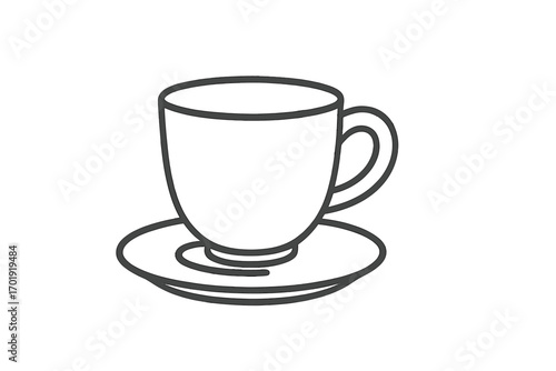 Minimalist tea cup and saucer outline vector. Simple mug icon for websites, books, cards, apps. Cartoon drawing with transparent background. Elegant drink container design, ordered set, kitchen decor.