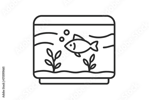 Minimalist line art aquarium icon with fish, aquatic plants, water bubbles, and transparent background for vector graphic design, app concept, web interface, ordered set illustration, pet care
