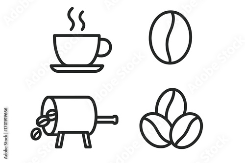 Coffee Icon Set Outline Style – Roasted Coffee Beans, Hot Cup, Coffee Roasting Barrel, Minimalist Line Art, Vector Isolated, Café Beverage, Transparent, Graphic, Web, Cards, Apps