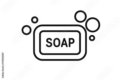 Minimalist Linear Soap Icon with Bubbles, Clean Hygiene Bar Symbol for Web, App, Banner, Social Media, Card Design, Simple Vector Outline for Cleaning, Disinfection, Bath Graphics