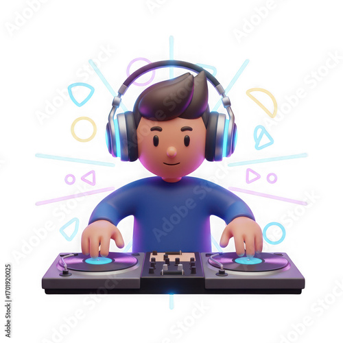 3d icon of cartoon dj playing music with turntable isolated on transparent background