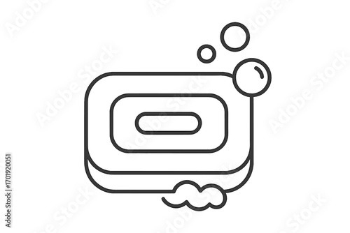 Minimalist thin outline icon of soap bar with bubbles. Clean hygiene concept. Cartoon vector illustration for web, graphic design, apps, banners, cards, health and social network uses.