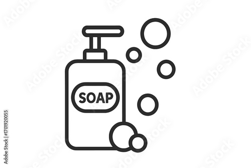 Minimalist Liquid Soap Dispenser Outline Icon with Bubbles for Web, App UI, Hygiene Banner, Social Media, Handwashing, Cleaning, Vector Graphic Design, Transparent Isolated Illustration
