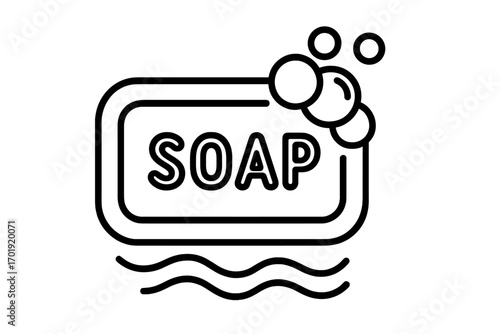 Linear outline soap bar icon with bubbles, minimalist hygiene symbol for web design, app interfaces, advertising, bath product packaging, cleaning concept, vector illustration transparent background