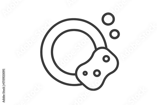 Minimalistic thin line icon of dishwashing, clean plate, kitchenware and sponge with bubbles for web design, apps, banners, social media, cleaning advertisements, transparent vector illustration