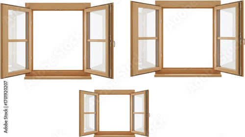 This image shows **three wooden-framed windows**, all with **both side panels open**. Here's a breakdown of what’s visible: