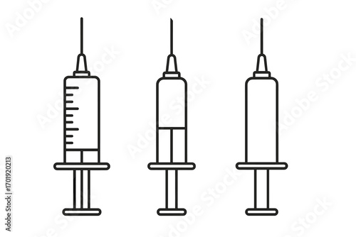 Syringe outline linear icon set for medical and pharmaceutical vector design, web apps, health adverts, vaccine campaigns, posters, clinic illustrations, transparent background, editable concept