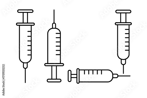 Syringe outline linear symbol for medical healthcare, vaccination, immunization, injection, hospital, pharmacy, nurse, doctor, sterile equipment graphic, editable vector cartoon illustration set