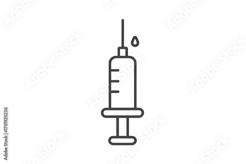 Thin line syringe icon with medicine drop, minimalist vector for healthcare, medical sites, injection, vaccination, hospital, pharmacy, safety, disease prevention, transparent isolated background