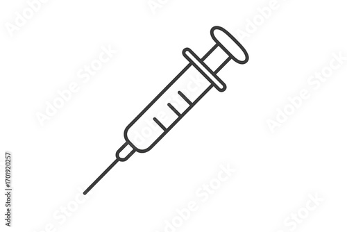 Thin outline syringe vector icon isolated. Medical injection, vaccination, healthcare procedure. Cartoon hospital equipment for web, app, books, cards. Transparent background stock illustration.