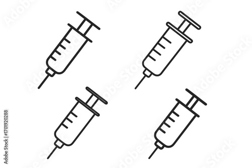 Syringe thin line icon set, medical injection needle, hospital equipment, vaccination, immunization, drugs, healthcare, clinic, outline vector isolated, transparent background, web, books, cards