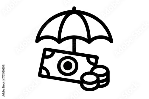 Financial protection umbrella icon vector, money shield insurance, currency coins and cash security, savings safeguard concept, outline graphic, fintech app element, economy risk management, isolated
