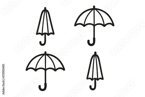 Umbrella line icon set for rain protection, parasol, bumbershoot, cartoon vector illustration, ordered collection, black outline, transparent background, weather, design, advertising, app graphics