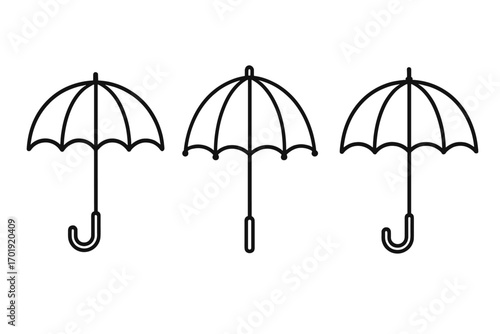 Umbrella parasol bumbershoot icon set. Rain protection outline symbol. Black vector cartoon illustration. Transparent background. Ordered graphic design for advertising, apps, books, marketing, web