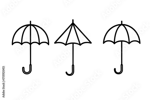 Umbrella, Parasol, Bumbershoot Linear Icon Set for Graphic Design Elements, Website Decoration, Card Templates, Book Illustrations, Article Visuals, Vector Outline, Transparent Background