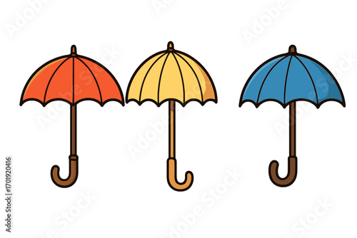 Colorful cartoon umbrella set. Vector parasol and bumbershoot illustration for design, graphics, advertising, books, apps and web. Red, yellow, blue rain protection. Modern transparent background.