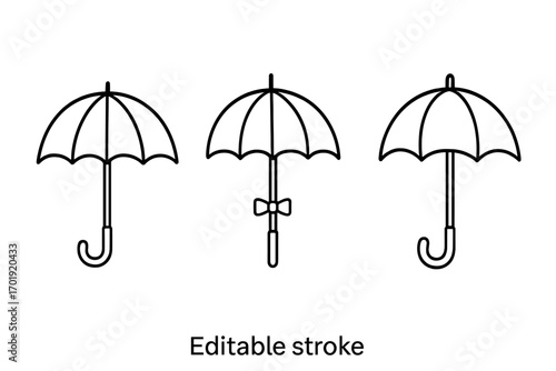 Umbrella, parasol, bumbershoot linear icon set for design projects. Outline weather protection symbol, editable stroke vector illustration for web, articles, cards, book covers, branding templates.