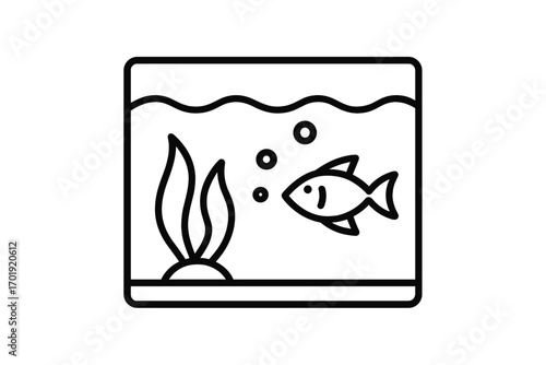 Aquarium line icon, simple fish tank vector symbol. Minimalist fishbowl with fish, water plant & bubbles. Pet care & aquatic hobby concept. Underwater life illustration.