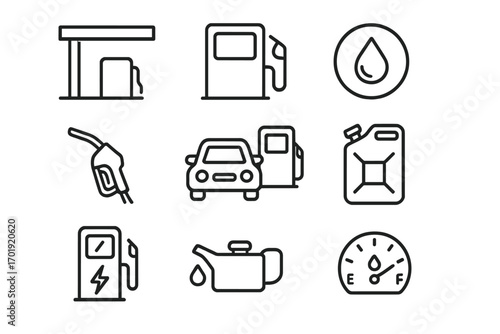 Gas station icon set. Petrol pump, car fueling, fuel can and oil. Line art vector icons. Electric vehicle charging, nozzle and gauge symbols. Transport and energy concepts.
