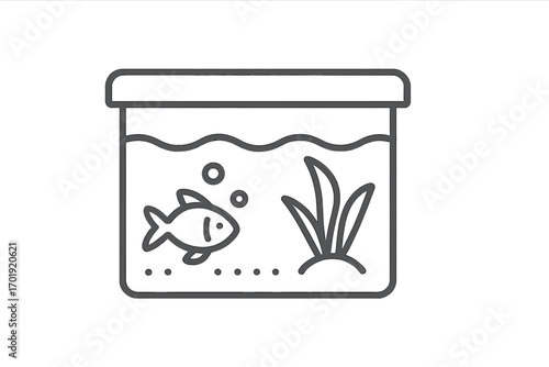 Minimalist aquarium line icon with a fish and aquatic plant. Simple fish tank vector illustration for a pet shop or hobby concept. Clean outline symbol of fishkeeping.